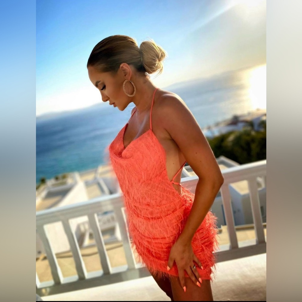 Coral Feathered Mini Dress (S/M)